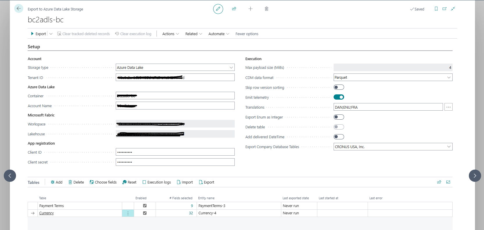 The Export to Azure Data Lake Storage page
